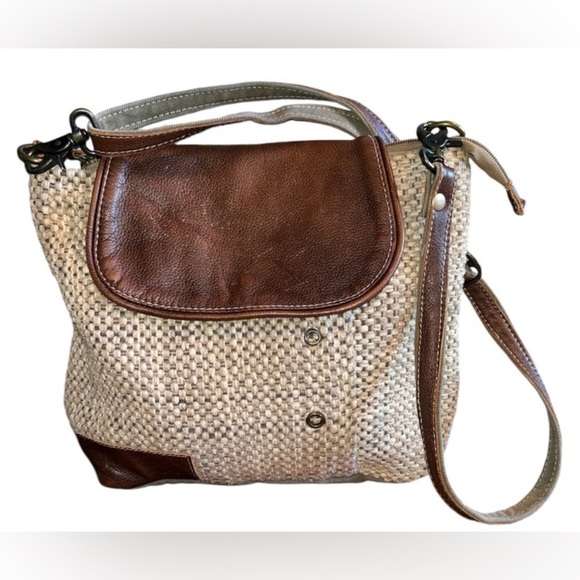 Myra Bag Woven Cotton & Leather VINTAGE Large Bag with Adjustable Strap